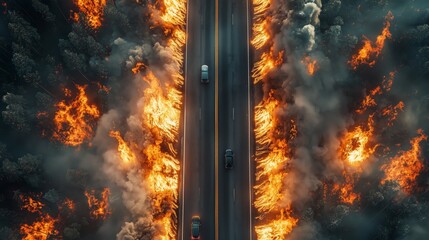 Fototapeta premium Aerial View of Road Surrounded by Intense Forest Fire and Smoke