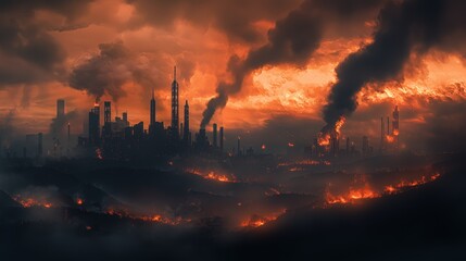 Obraz premium Smoke-Obscured City Skyline Under Dramatic Cloudy Skies and Pollution