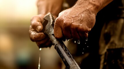 Fototapeta premium A close-up of hands gripping a tool, showcasing labor and effort in a work environment.