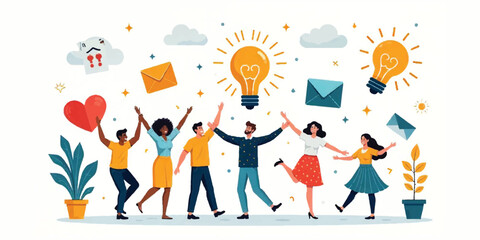 Fototapeta premium Inspiration people group with ideas. Insight and creative solution. Vector illustration