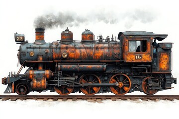 Fototapeta premium Rusty, vintage steam locomotive; smoking, on tracks.