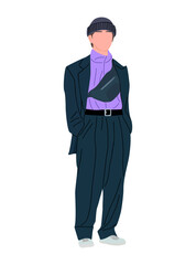 Street fashion man. Young guy standing, wearing trendy modern outfit, jeans, cap, jacket, sneakers. Asian City boy urban style look vector realistic illustration isolated on white background.