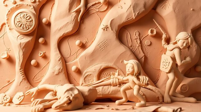 Dynamic sculptural clay artwork depicting abstract backgrounds with minimal elements modeled shapes textured blurred lines and action poses