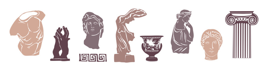 Various Antique statues. Heads of woman, male torso, Nika, hands, amphora. Mythical, ancient greek style. Classic statues in modern style. Hand drawn Vector illustrations isolated on white background.