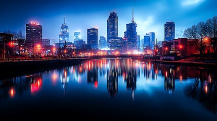 Fototapeta premium Nighttime cityscape with illuminated buildings and glowing urban lights.