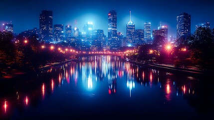 Fototapeta premium Nighttime cityscape with illuminated buildings and glowing urban lights.