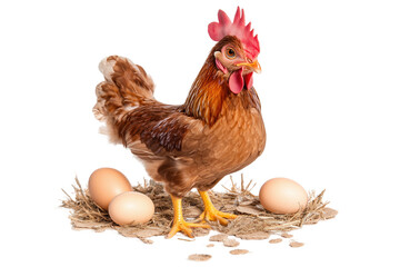 Fototapeta premium A brown hen surrounded by eggs isolated on white or transparent background, png clipart, design element
