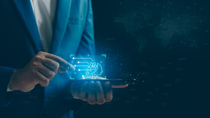 Businessman hand showing cloud AI technology on global. AI learning and business artificial intelligence, data management on network. Document file management, cyber security, digital transformation.