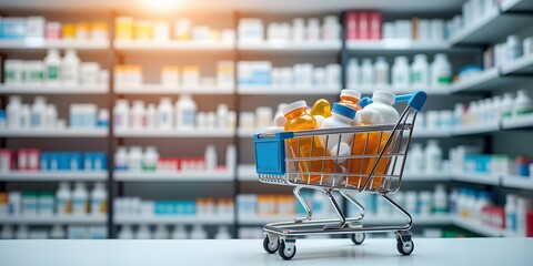 Prescription shopping made easy!  A miniature cart overflowing with medications sits before a blurred pharmacy backdrop, highlighting convenience and healthcare accessibility.
