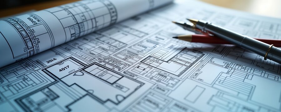 Building permit concept with architectural drawings. Detailed construction plans, city map documents. Planning, design for new residential area projects. Authorisation process for new development.