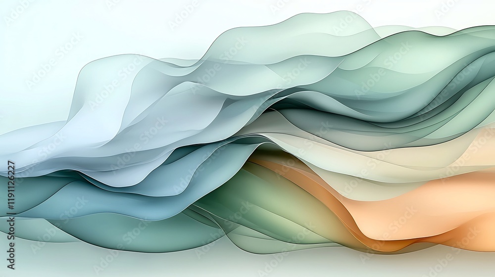 Poster arrangement of wispy organic forms in a meditative color scheme of pale blues greens and creams flow