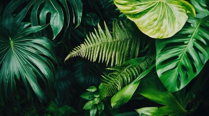 Lush Green Tropical Foliage with Varied Leaf Textures and Colors