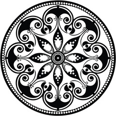 A vector illustration of a mandala silhouette with a white background. The mandala has a circular pattern with multiple layers of interlocking geometric shapes, including triangles, squares, and circl