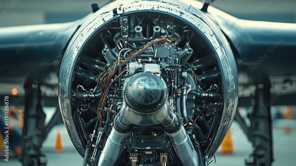Poster close-up detailed view of an aircraft engine with visible components