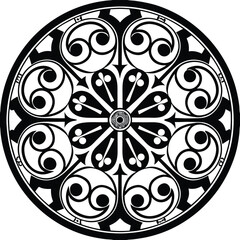 A vector illustration of a mandala silhouette with a white background. The mandala has a circular pattern with multiple layers of interlocking geometric shapes, including triangles, squares, and circl