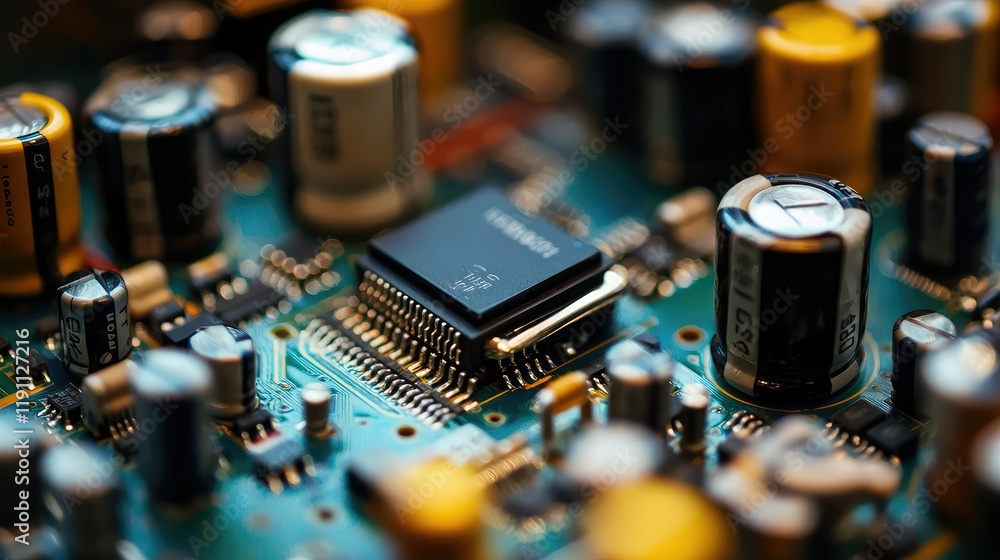 Poster close-up view of complex circuit board with microprocessor and capacitors