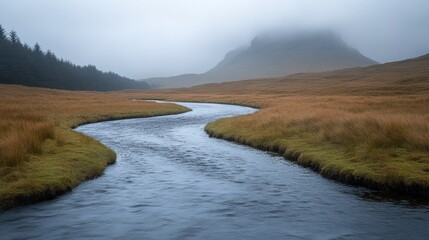 Obraz premium Misty mountain stream flows through valley.