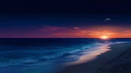 Fototapeta premium Sunset over ocean beach with moon