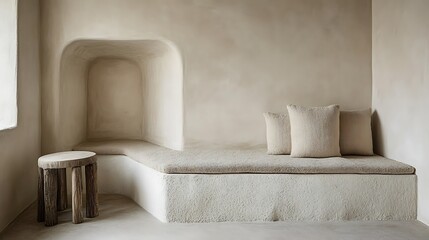 Minimalist Built In Bench With Cushions And Small Wooden Stool