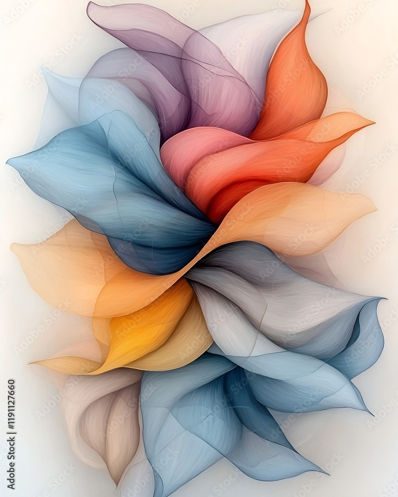 Poster harmonious arrangement of flowing abstract forms intertwining curvilinear shapes in soft muted shade