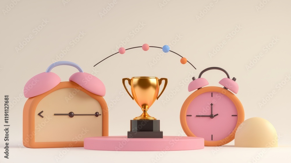 Poster goal setting achievement timeline concept. 3d trophy on platform with colorful clock elements repres