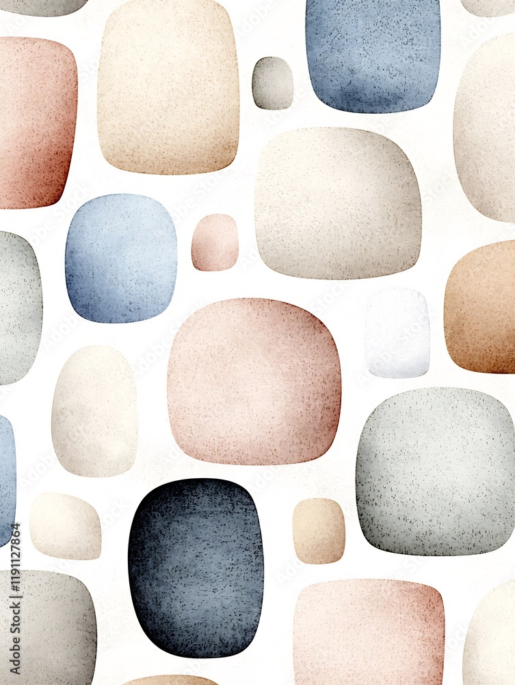 Poster soothing abstract pattern with interconnected rounded forms in muted pastel hues showcasing a fluid 