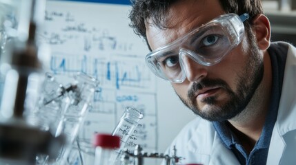 A close-up of a chemical engineer in a lab coat and goggles synthesizing polymers in a chemical research laboratory, with reaction vessels and chemical formulas on a whiteboard