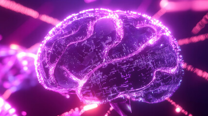 A glowing 3D neural AI network in purple and pink tones with holographic effects and sharp details, bright and evenly lit