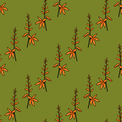 Seamless pattern with magic orange flowers on green background.eps