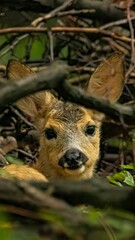 Fototapeta premium Young Deer Peeking Through Branches
