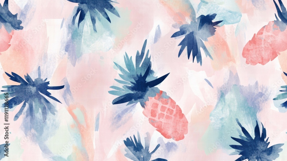 Poster colorful watercolor pineapple pattern in soft pastels showcasing tropical vibes and nature inspired 