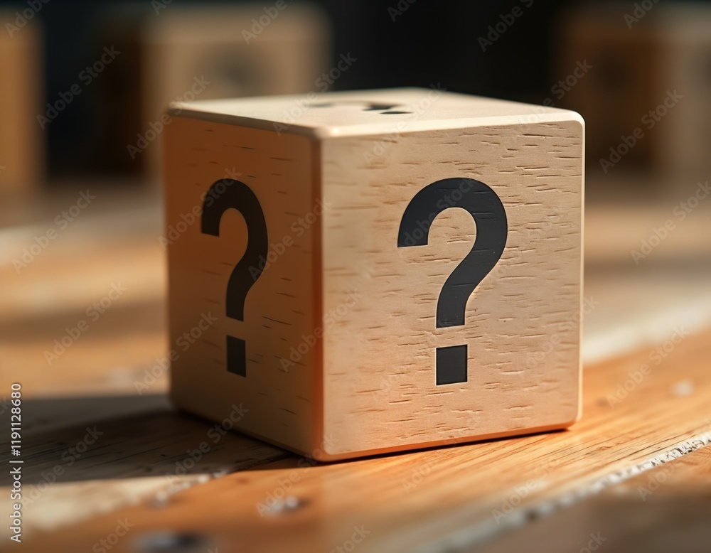 Poster wooden block with question mark symbol. represents mystery unanswered question. planning involves se