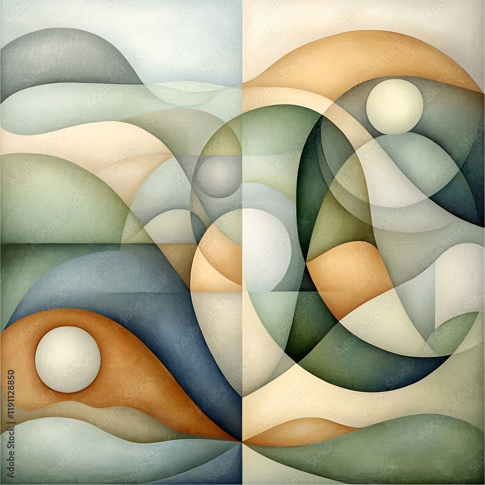 Poster dreamlike surreal abstract composition with flowing interconnected lines in soft earthy palettes sub