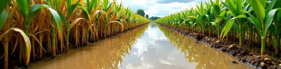 Vibrant cornfields with rows of green plants and water reflecting the sky.