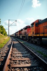 Obraz premium Vibrant freight train on a winding railway track under a clear blue sky.