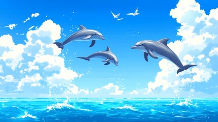 Dolphins leaping, ocean, sunny sky, playful marine mammals