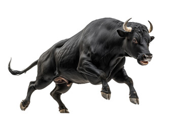 Fototapeta premium Aggressive Black Bull in Dynamic Side View isolated on white or transparent background, png clipart, design element