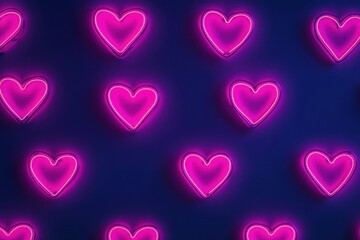 Bright Pink Neon Hearts on Dark Background