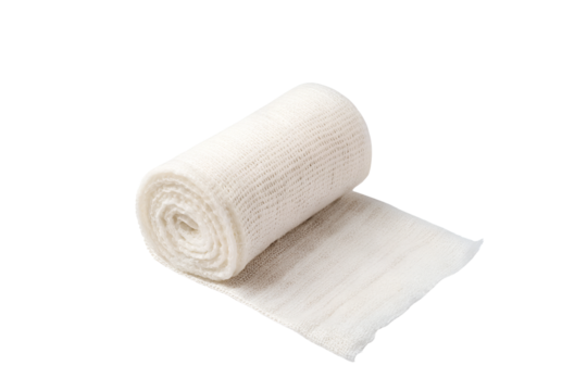 rolled-up white gauze bandage with unrolled section isolated on white background – essential medical dressing for wound care and support