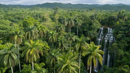 Aerial perspective of lush tropical forests surrounding majestic waterfalls in nature s paradise