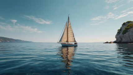 Fototapeta premium Serene Sailing Adventure: A Tranquil Boat Journey Across the Crystal-Clear Waters Under a Bright Blue Sky, Perfect for Relaxation and Nature