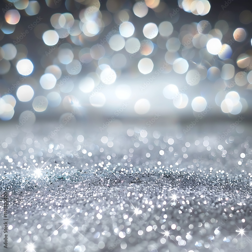 Poster sparkling silver glitter with bokeh lights, creating a glamorous background. abstract and shimmering
