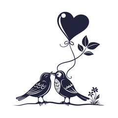 Vector birds on branch - love and romance concept on white background 