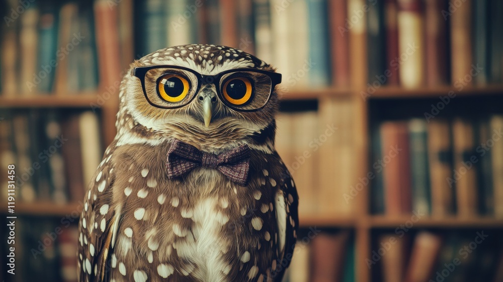 Poster owl in glasses and bow tie poses in front of a grand bookshelf filled with books. generative ai