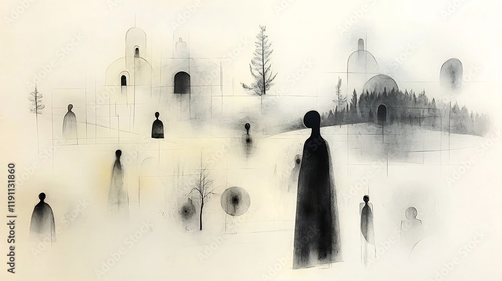 Poster a landscape composed of ethereal charcoal sketch style shapes and lines against a pale canvas the sc
