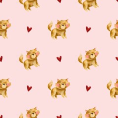 Seamless pattern with kittens and hearts. Cute cat, Valentine’s Day, domestic animal background. Perfect for print, textiles, packaging, fabrics, wallpaper, scrapbooking, greeting cards and posters.