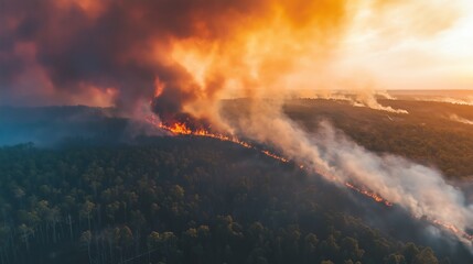 Aerial View of Helicopters Battling Wildfire Along Snaking Fireline