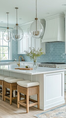 Fototapeta premium Bright and elegant modern farmhouse kitchen featuring a white island, wicker barstools, glass pendant lights, blue tile backsplash, and natural decor. 