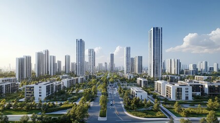 A sleek, modern cityscape featuring a variety of high-rise buildings with contemporary architectural designs