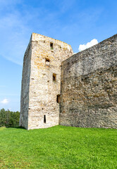 Talav tower and castle wall of the ancient medieval Izborsk fortress, Pskov region, Russia